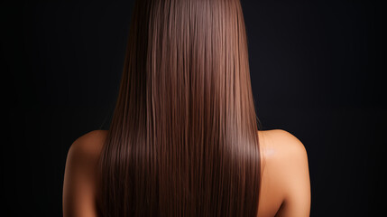 Fototapeta premium Woman, back or hair style on brown background in relax studio for keratin treatment, self care wellness or color dye routine. beautiful woman with long straight brown hair