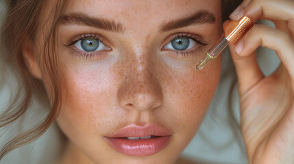 A beautiful young girl applies a serum to her face with a pipette. Cosmetology, skin care. Beautiful woman with freckles applying hyaluronic serum on her face. Self care concept - obrazy, fototapety, plakaty