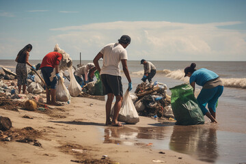 many people clean up a lot of garbage on the ocean coast