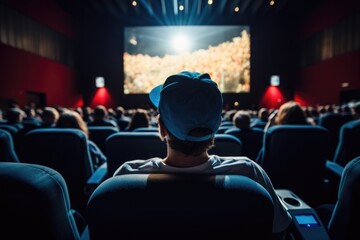 Back view of theater audience watching movie in cinema - obrazy, fototapety, plakaty