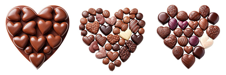 Collection of heart shaped chocolate on white or transparent background