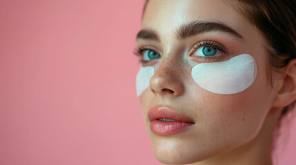 Beauty girl face with flakes under the eyes. Womans flakes. Patches under close eyes for woman. Young girl with patches under eyes from wrinkles