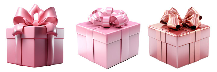 Collection of 3D pink gift boxes isolated on transparent or white background