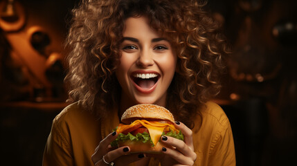 Young girl eating classic burger and drinking soda at cafe in the city. Smiling beautiful young...