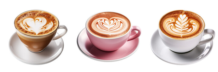 Collection of hot coffee latte with heart shaped latte art milk foam isolated on white or transparent background