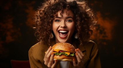 Young girl eating classic burger and drinking soda at cafe in the city. Smiling beautiful young happy woman eating fast food. 