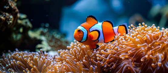A colorful clownfish finds safety and shelter among the vibrant anemones of the thriving coral reef, showcasing the delicate balance of life in the underwater world
