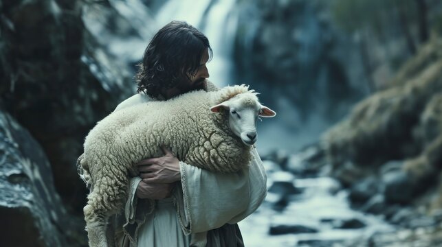 shepherd carrying a white sheep in his arms