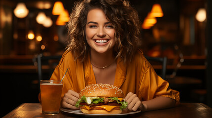 Young girl eating classic burger and drinking soda at cafe in the city. Smiling beautiful young happy woman eating fast food.  - obrazy, fototapety, plakaty
