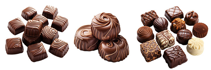 Collection of chocolate pralines isolated on transparent or white background