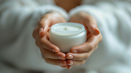 a girl in a bathrobe holds a jar with a cosmetic cream in her hands. skin care, minimalism. keep youth and skin elasticity. Young woman with jar of hand cream, closeup. 