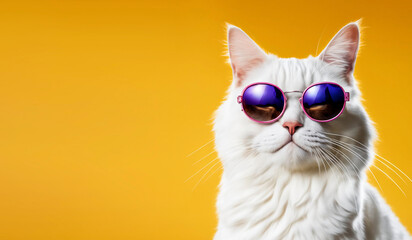 Chic white cat in fashionable sunglasses on a yellow background. Template for postcards, advertising, congratulations. Copy space