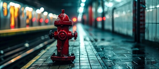 A bold red fire hydrant stands proudly on the bustling city sidewalk - obrazy, fototapety, plakaty