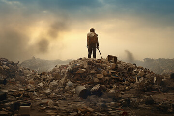 a man stands in the middle of the dead earth on a pile of garbage