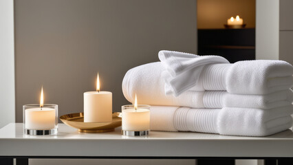 Fototapeta na wymiar Create an inviting elegance with soft lighting, emphasizing the elegance of towels and beauty treatments, Towel with herbal bag and beauty treatments, candles, essential oils