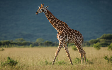 Naklejka na ściany i meble Giraffe standing in meadow. Generative AI