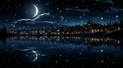 Dreamy Night Sky: Nature Landscape with Blue Water, Moon, and Stars