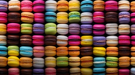 Vibrant and visually striking close up of a delicate, rainbow patterned display of colorful macarons