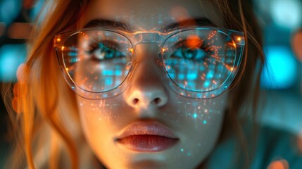 Close-up of young woman wearing glasses surfing an interactive virtual world and reflection of digital screen in glasses generative ai