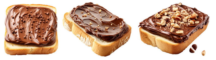 Collection of bread slices with chocolate hazelnut spread isolated on transparent or white...