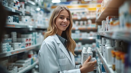 Happy woman chooses medicine with help of young pharmacist in drugstore, generative ai - obrazy, fototapety, plakaty
