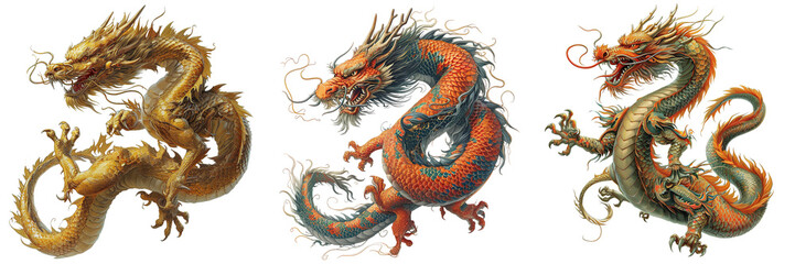 Collection of Asian dragons isolated on transparent or white background