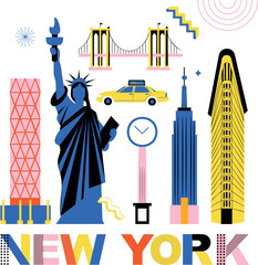 Typography word "New York" branding technology concept. Collection of flat vector web memphis and Bauhaus elements. NY culture travel set, famous architectures. USA landmark. Abstract geometric poster