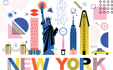 Typography word "New York" branding technology concept. Collection of flat vector web memphis and Bauhaus elements. NY culture travel set, famous architectures. USA landmark. Abstract geometric poster