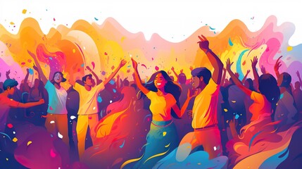 flat illustration, joyful happy friends, couple sharing laughter at holi festival, colorful memories in making, youth event celebration, blurred colorful powder in air. - obrazy, fototapety, plakaty