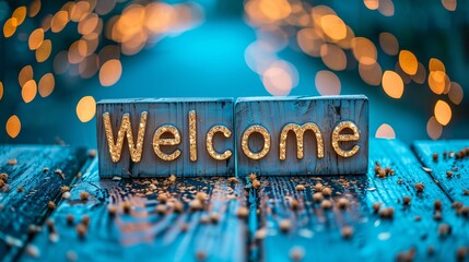 Welcome to a magical world  postcard with golden text and bokeh sparkles background