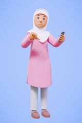 3d rendering fullbody of woman muslim greeting, greeting, pointing and holding phone while smiling