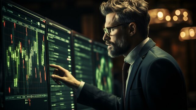 Professional Tech Workspace: Businessman Working on Computer in a Modern Office Setting at Night