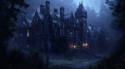 Obraz premium Spooky haunted mansion with eerie architecture, ghostly apparitions, and hidden secrets waiting to be discovered. Perfect for Halloween designs and horror-themed events.