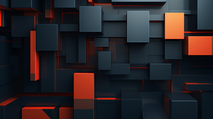 3D panoramic deep blue-orange square shape rectangle background. Modern geometric metal technology wallpaper. Luxury pattern website banner. High-quality ultra-realistic matt finish. Generative AI