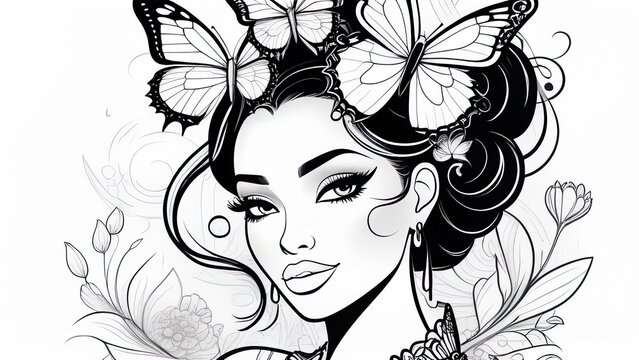 Anti stress coloring book page for adult. Coloring book page for adult. image of beautiful girl's face with flowers and butterflies