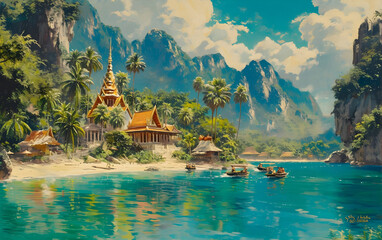 Naklejka premium A vibrant travel poster promoting tourism in Thailand, featuring the bustling cityscape of Bangkok and the beautiful tropical beaches of Phuket.