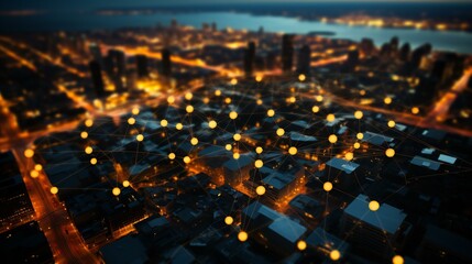 Urban Twilight: Aerial View of a Cityscape at Night with Illuminated Streets and Buildings