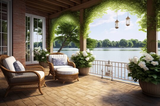 Immerse yourself in the tranquility of a relaxing covered porch in summer, adorned with exposed brick and offering serene views of the lake