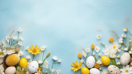 Obraz na płótnie Canvas Easter Aesthetic: Pastel Blue Table with Spring Flowers and Easter Eggs