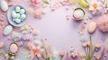 Easter Wallpaper: Colorful Flowers and Eggs with Macarons on Pastel Backdrop