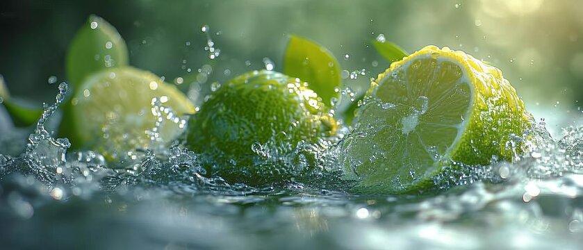 A few photos of green lemon and water, with a light green and transparent texture style,generative ai