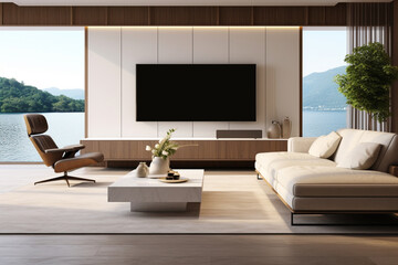 The luxury living room in minimal style features furniture on bright laminate flooring against a lake view background, boasting an interior design with a TV and cabinet on a white wall
