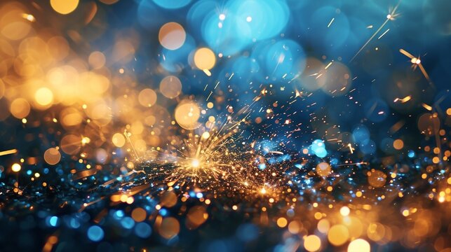 Gold and royal blue Fireworks and bokeh used in different events and copy space. Abstract background holiday.