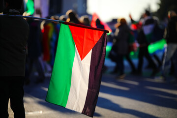 Palestinian flag waving during a peaceful protest demonstration with many people in the streets