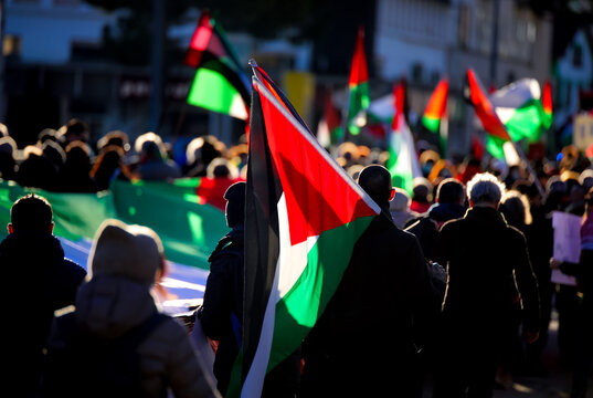waving Palestinian flags with unidentifiable backlit protesters during the peaceful demonstration for peace