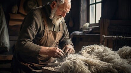 A man shears a sheep or a ram. Seasonal sheep shearing. Electric clipper. Farm. - obrazy, fototapety, plakaty