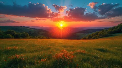 Naklejka na ściany i meble Landscape with Vibrant Sunset, a breathtaking sunset over a picturesque landscape, with vibrant colors filling the sky