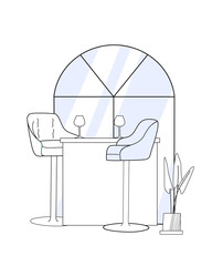 Linear interior illustration of high chairs and table with two wine glasses on it and arched window at the background. Vector illustration