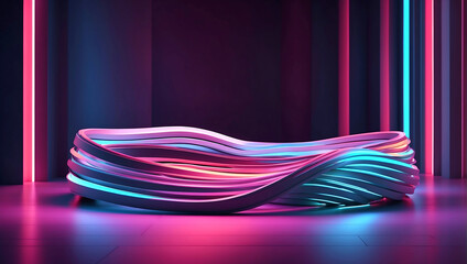 3d render. Abstract panoramic background of curvy dynamic neon lines glowing in the dark room with floor reflection.