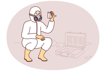 Specialist in chemical protection suit takes sample of earth for further study on analytical harmful substances. Man in respirator examines biohazard samples found on street. Flat vector illustration